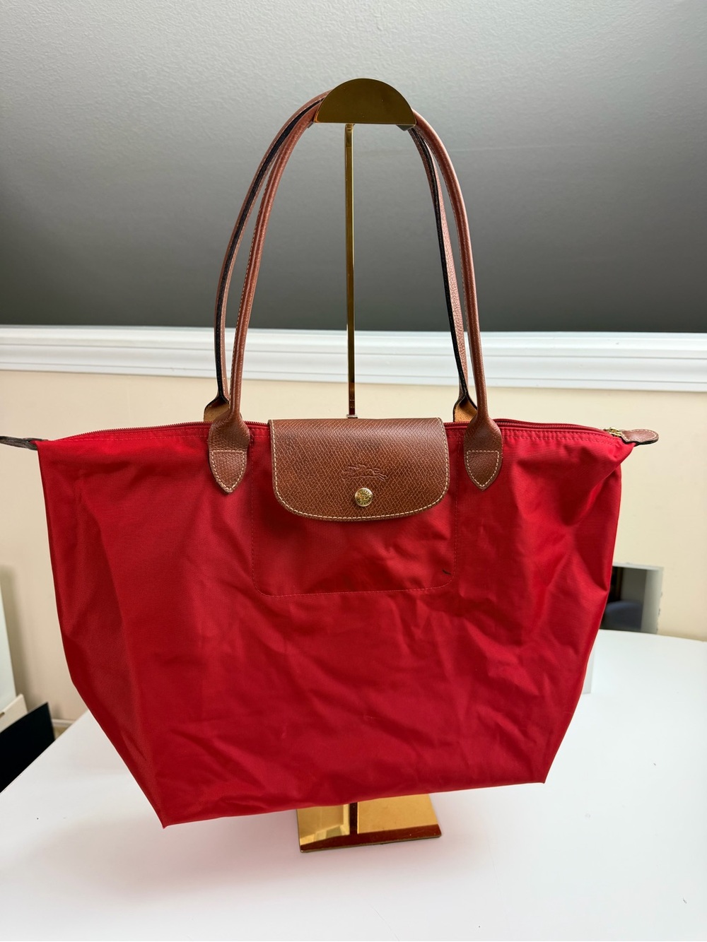 Longchamp Le Pliage Original Large Tote Bag Red Rouge Long Shoulder Strap